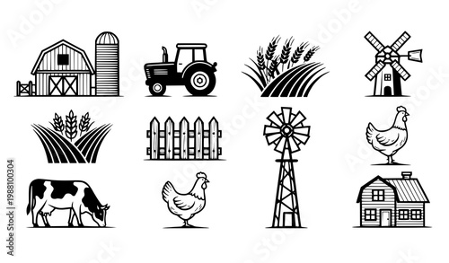 Rural farm icons vector set black white agriculture barn tractor field