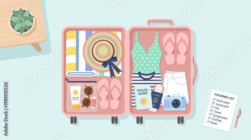 Minimal flat design illustration of packing essentials for a summer beach vacation, Including sunglasses, swimsuit, sunscreen, pocket camera and other icon thing about summer vacation