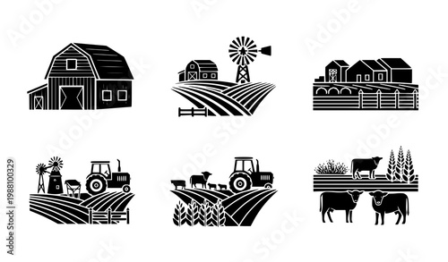 Farm scene vector icon set rural agriculture black white illustration