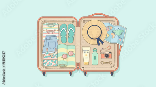 Minimal flat design illustration of packing essentials for a summer beach vacation, Including sunglasses, swimsuit, sunscreen, pocket camera and other icon thing about summer vacation