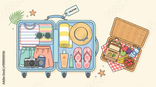 Minimal flat design illustration of packing essentials for a summer beach vacation, Including sunglasses, swimsuit, sunscreen, pocket camera and other icon thing about summer vacation