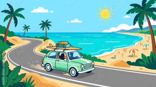 Flat vector illustration of a car heading to the beach on a sunny summer day. Perfect for family trip summer vacation.