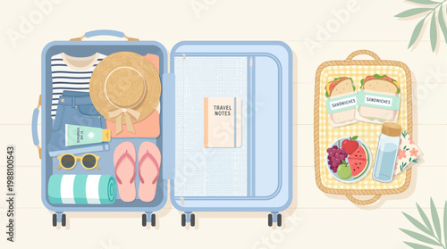 Minimal flat design illustration of packing essentials for a summer beach vacation, Including sunglasses, swimsuit, sunscreen, pocket camera and other icon thing about summer vacation
