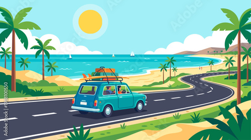Flat vector illustration of a car heading to the beach on a sunny summer day. Perfect for family trip summer vacation.