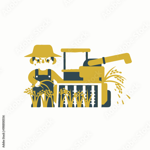 Farmer Harvesting Rice with Combine Harvester in Field - Flat Design