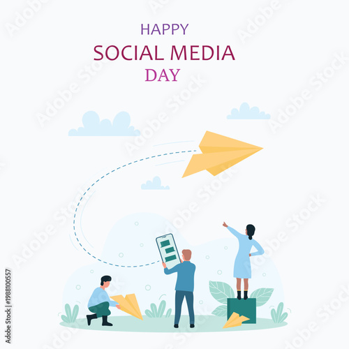 People launching paper airplanes with a smartphone during Happy Social Media Day celebration