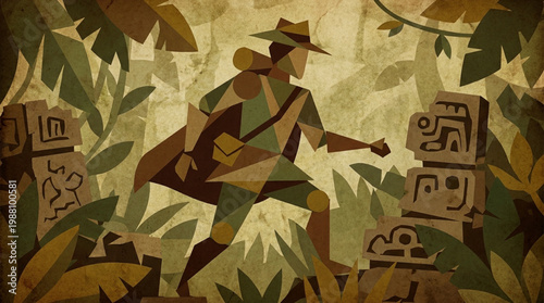Adventurer exploring ancient jungle ruins with a guitar.