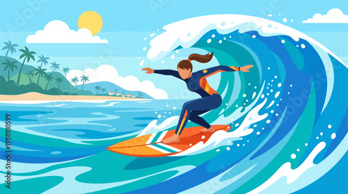 Dynamic flat illustration of a surfer riding waves during summer vacation. 