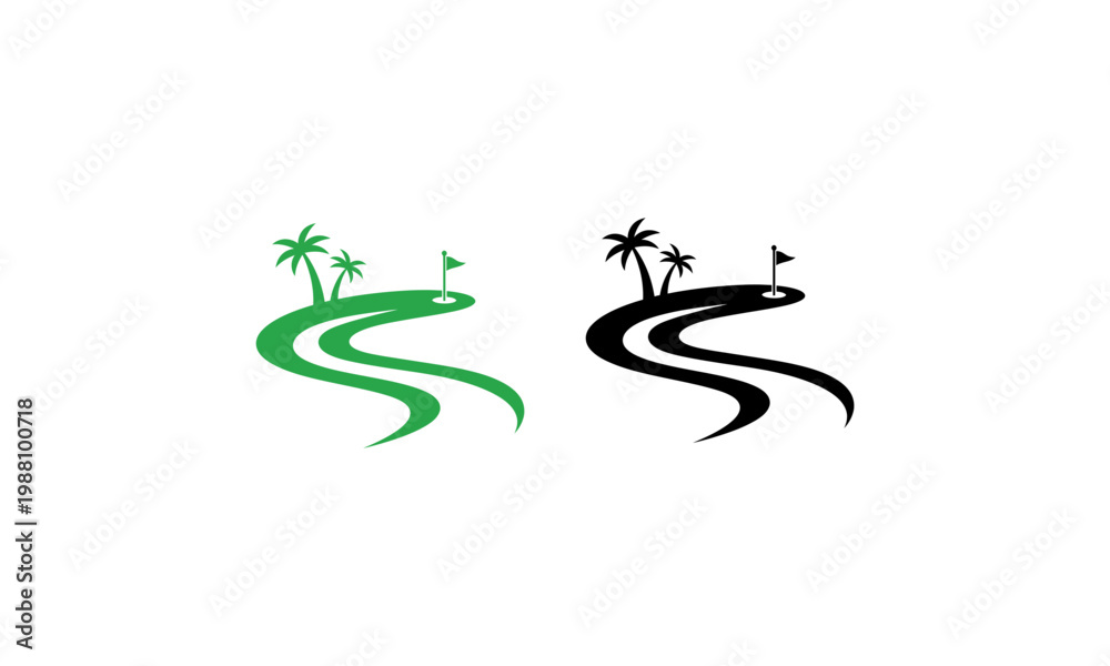 Obraz premium Tropical golf course landscape with palm trees and flag.