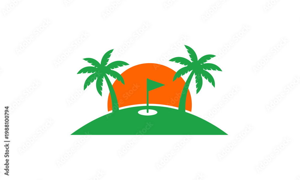 Obraz premium Golf course island with flag, palm trees and setting sun.
