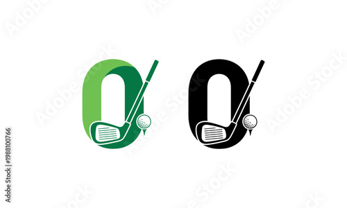 Letter o shape with golf club head and ball on tee icons.