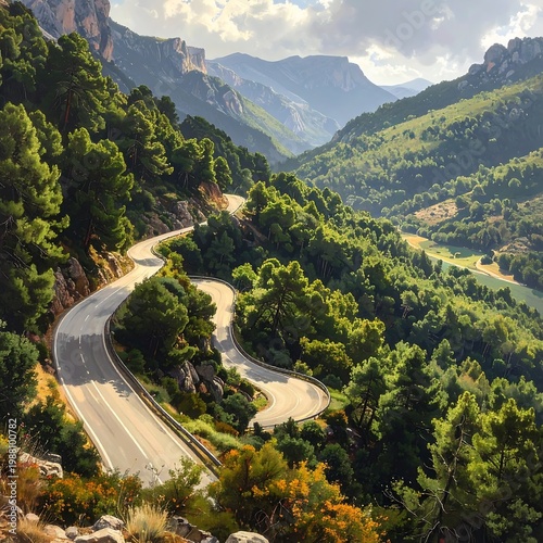 A winding mountain road through lush greenery and majestic mountains