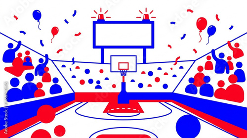 Basketball Court Arena with Spectators and Scoreboard.