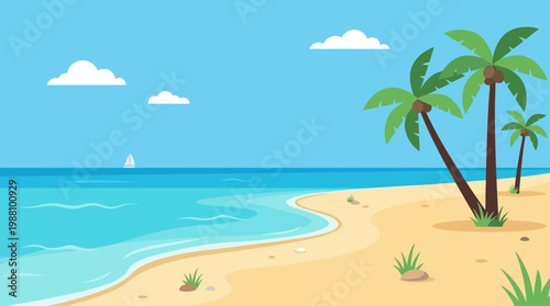 Minimal tropical beach landscape in flat vector style.