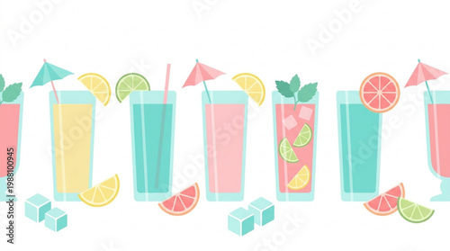 Refreshing Summer Cocktails Assortment with Fruits and Ice.