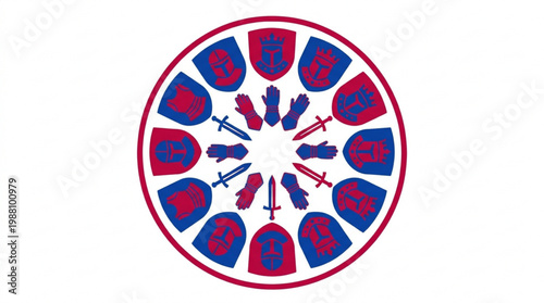 Circular Emblem of Shields and Swords in Red and Blue.