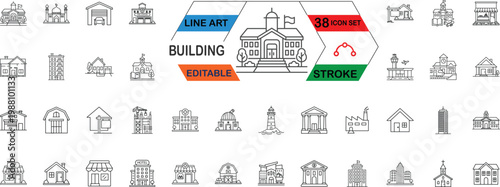 Building and Architecture Line Icon Set, Editable Stroke Real Estate Vector, Commercial, House, Skyscraper, City Infrastructure, Government Structures, Icons Pack for Web, Print, and App Design.