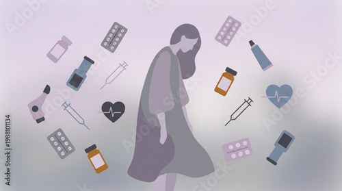 Sad Woman Surrounded by Medical Supplies and Symbols of Illness.