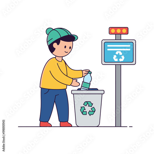 Boy recycling plastic bottle into bin with recycling symbol