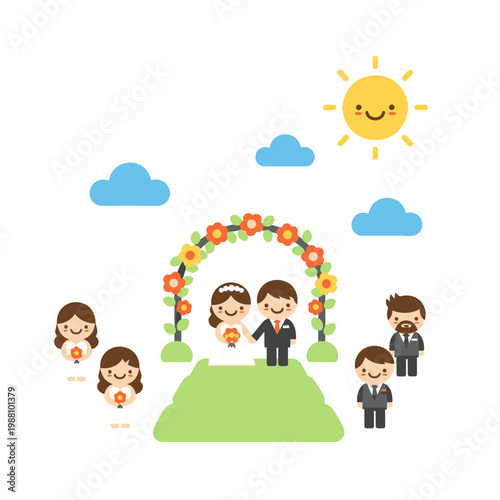 Cute Wedding Ceremony Illustration: Bride and Groom Under Floral Arch with Guests and Sun