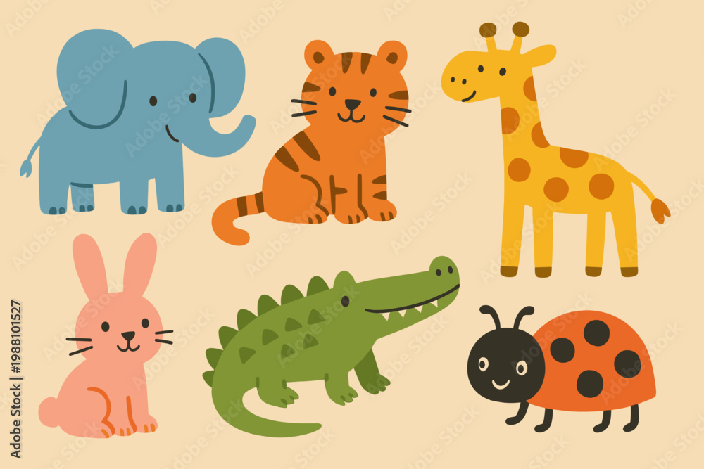 Fototapeta premium Cute hand drawn safari animal set featuring elephant, lion, crocodile and giraffe with flowers, leaves and abstract shapes on beige background, flat nursery style illustration.