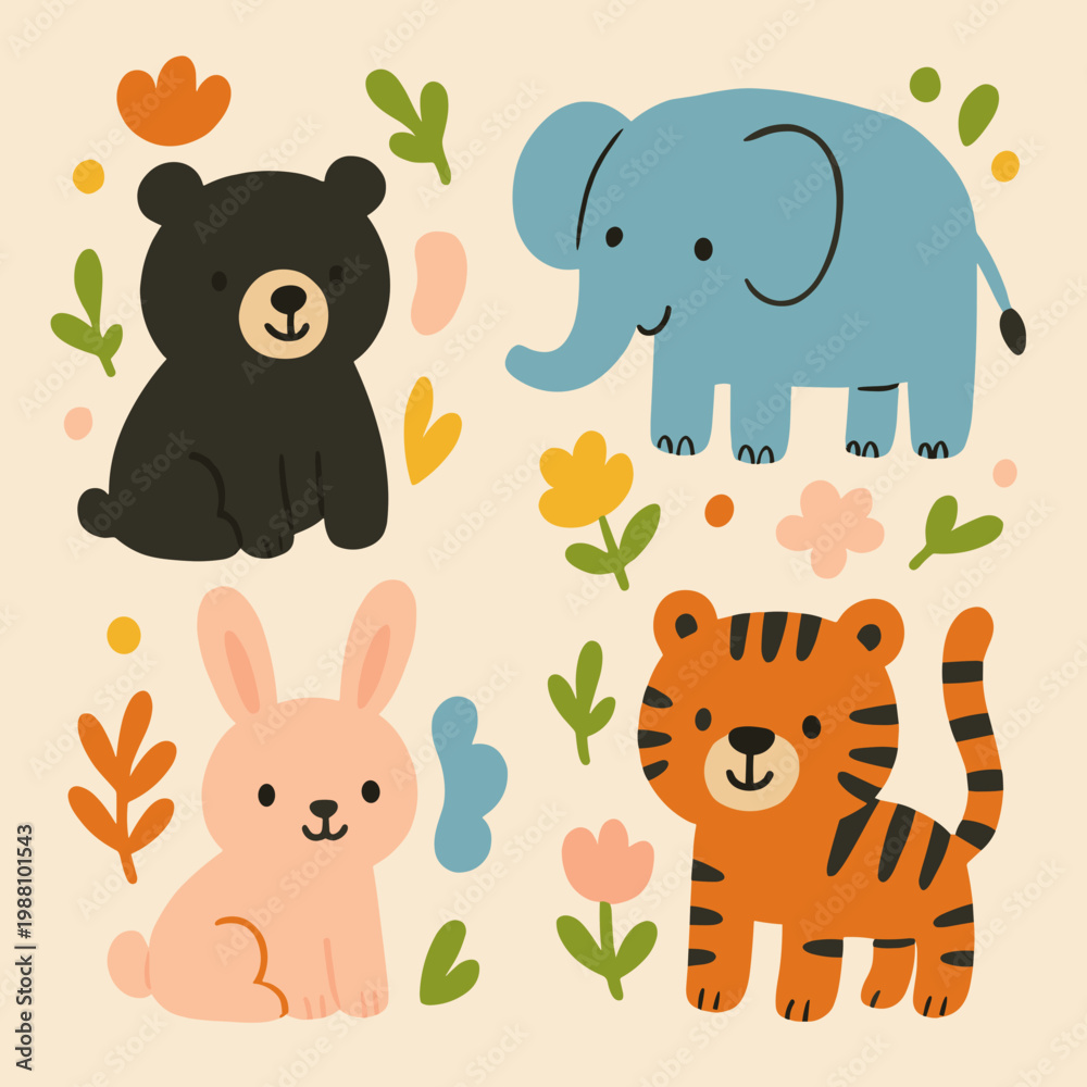 Obraz premium Cute hand drawn safari animal set featuring elephant, lion, crocodile and giraffe with flowers, leaves and abstract shapes on beige background, flat nursery style illustration.