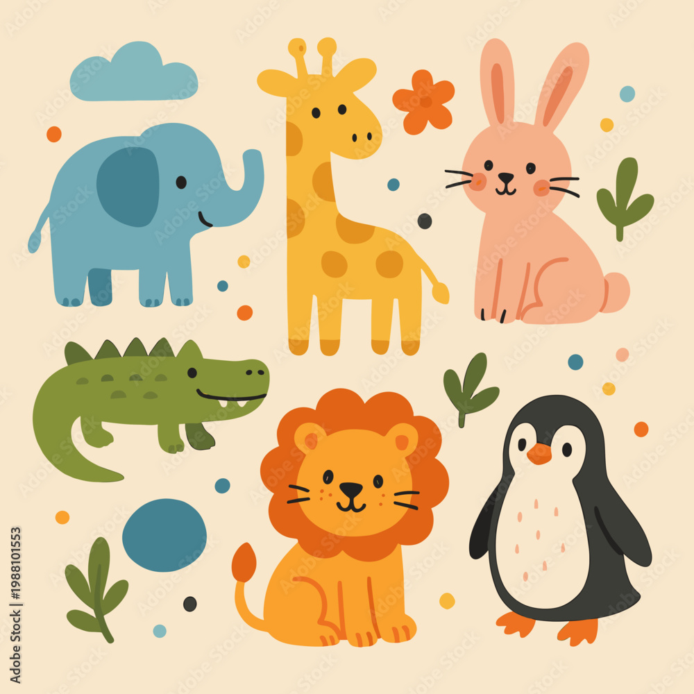 Fototapeta premium Cute hand drawn safari animal set featuring elephant, lion, crocodile and giraffe with flowers, leaves and abstract shapes on beige background, flat nursery style illustration.