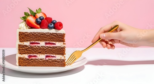 Decadent chocolate cake slice with fresh berries and whipped cream, presented on a white plate, with a golden fork poised to indulge in a sweet treat.