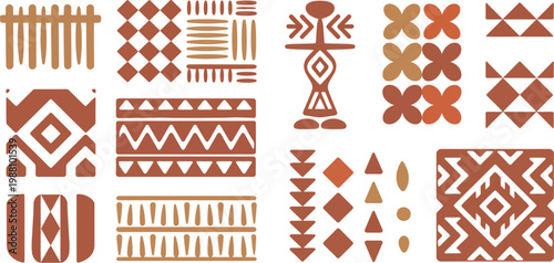 Hawaiian tribal icon symbols geometric shapes set, Polynesian inspired vector collection of traditional motifs for decorative patterns, branding, textile design, posters, and cultural graphic elements