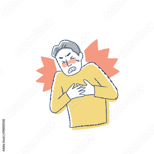 急な胸の痛みで苦しむシニア男性