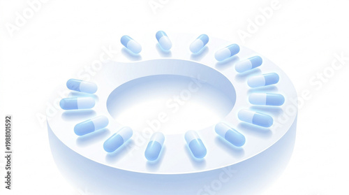 Circular arrangement of light blue and white capsules on a white platform.