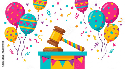Gavel on Auction Block with Festive Balloons and Confetti.