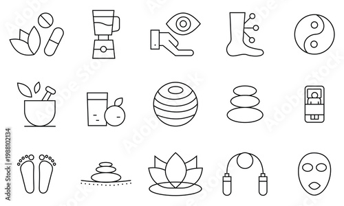 Modern Alternative Medicine Icon Set. Vector pictograms of meditation, herbal remedies, massage, acupuncture, yoga, relaxation, and natural healing practices, thin linear illustration.