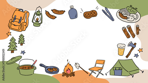 キャンプやバーベキュー、アウトドア、キャンプファイヤー、テント、公園や森などの手書きベクターフレームイラスト Hand-drawn vector frame illustrations featuring camping, barbecues, the outdoors, campfires, tents, parks, and forests.