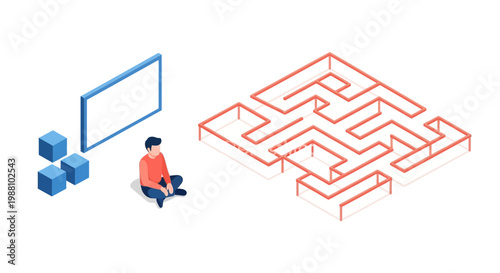 Person contemplating a maze and a blank screen with cubes, symbolizing problem-solving, strategy, and business solutions