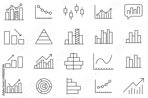 Graph Forex  icon set. Containing coin stack, dollar chart, growth arrow, exchange rate, euro report, profit, money stats, report search, secure money, pie graph and more. Vector illustration