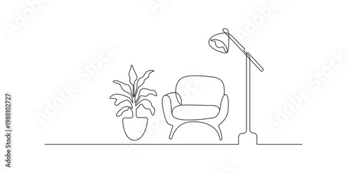 Minimalist living room interior scene with armchair, floor lamp, and plant vector illustration