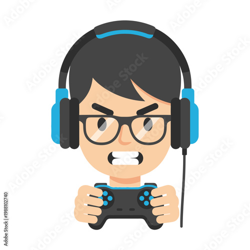 Angry Gamer with Headphones and Controller Playing Video Game