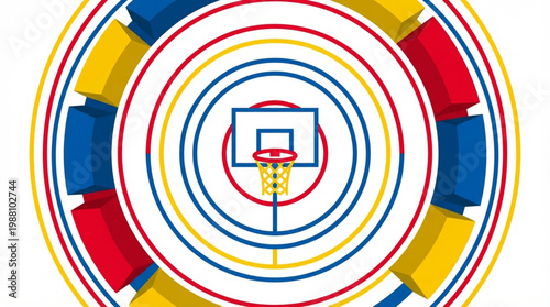 Basketball Hoop Emblem with Concentric Circles and Colorful Blocks.