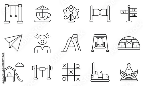 Kid Playground icon set. Includes symbols for kindergarten, activity, game, play, entertainment, amusement, children, fun, park and more. vector illustration.