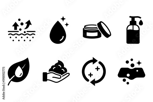 Skincare and beauty cosmetics solid glyph icon set for dermatology products