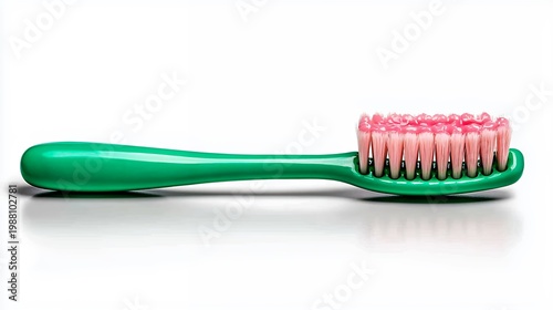 Green Toothbrush with Pink Bristles on White Background Close-up Product Shot