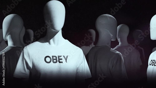 A group of faceless mannequins spinning on an endless loop in a stop motion style.
