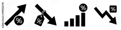 Percentage up and down arrow and chart glyph icon set for business