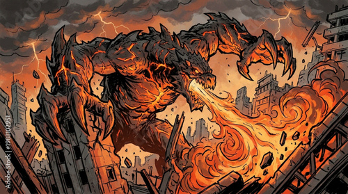 Massive Fire Elemental Creature Unleashing Fiery Breath.