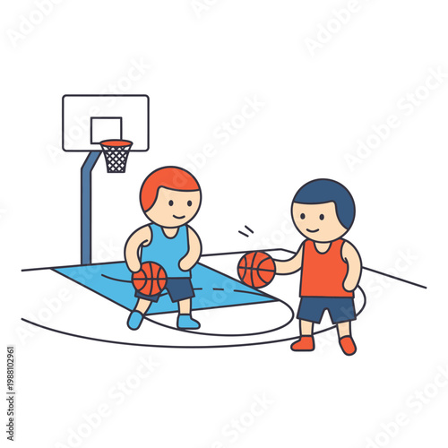 Two boys playing basketball on court, dribbling balls, cartoon style, active lifestyle
