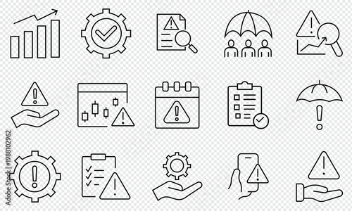 Risk management icon set. Vector pictograms of warning, danger,  risk, protection, safety, rules, permission, standards, guarantee, security, crisis, and problem solving, thin outline illustration. 