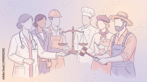 Diverse Professions Unite Under Justice and Equality Symbol.
