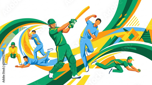 Cricket players in action during a match illustration.