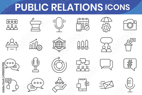 Public relations web icon set. Containing Icons as Journalism, Press Conference, Press Release, Communication, Interview, Social Media, announcement,  communications, audience, Journalist and more. 